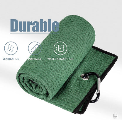 Tri-Fold Golf Towel | Premium Microfiber Fabric | Waffle Pattern | Heavy Duty Carabiner Clip | 14 Color Options