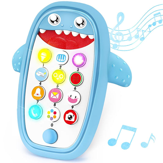 Baby Shark Cell Phone Toy Removable Teether Case, Light, Music & Adjustable Volume Kids Play & Learn Fake Phone Infant Toddler, Preschool Christmas Birthday Gift for Girl Boy 0-6, 6-18 Months (Blue)