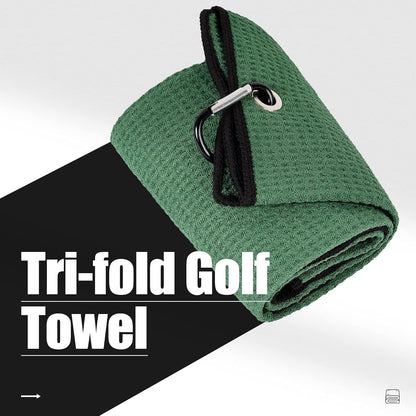 Tri-Fold Golf Towel | Premium Microfiber Fabric | Waffle Pattern | Heavy Duty Carabiner Clip | 14 Color Options